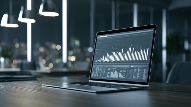 Modern laptop computer displaying data analysis graph on screen in dimly lit office with city lights in background at night time working environment