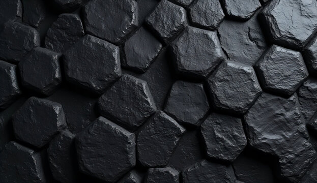 Black hexagonal stone wall background. Dark geometric 3D texture with uneven rock surface