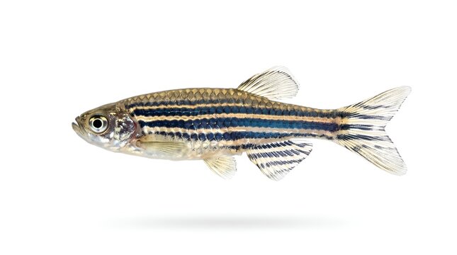 A detailed side view of a zebrafish isolated on a white background.
