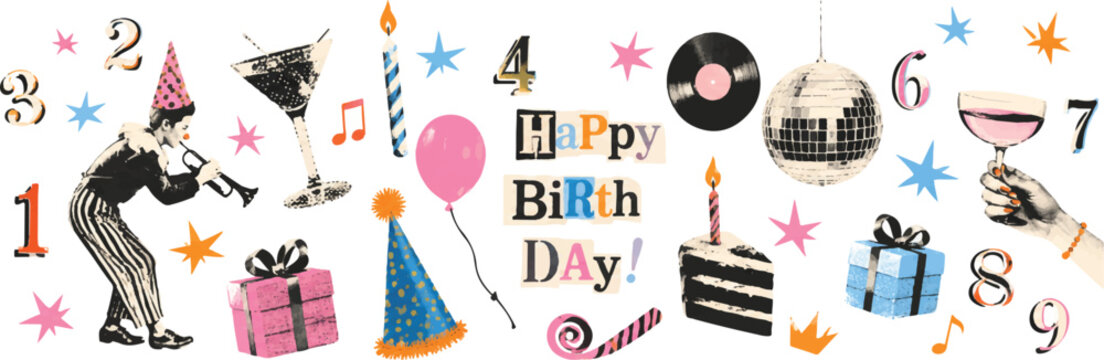 Happy birthday halftone collage cut outs set. Funny stickers with vintage dot texture and doodles. Party hat, cheers hands, champagne, cake, candle, numbers. Modern retro vector illustration isolated