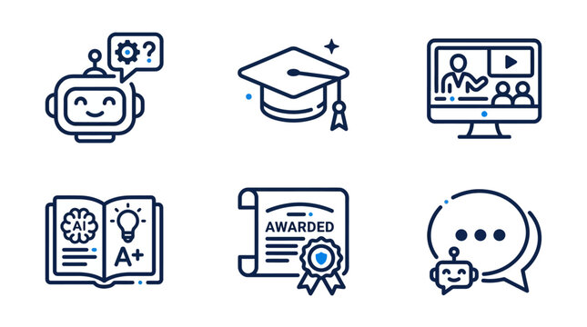 Ai education icons and e-learning digital study symbols in minimalist line art style for academic technology platforms