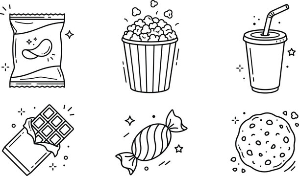 Snack and junk food line icon set featuring potato chips popcorn bucket soda drink chocolate bar candy cookies