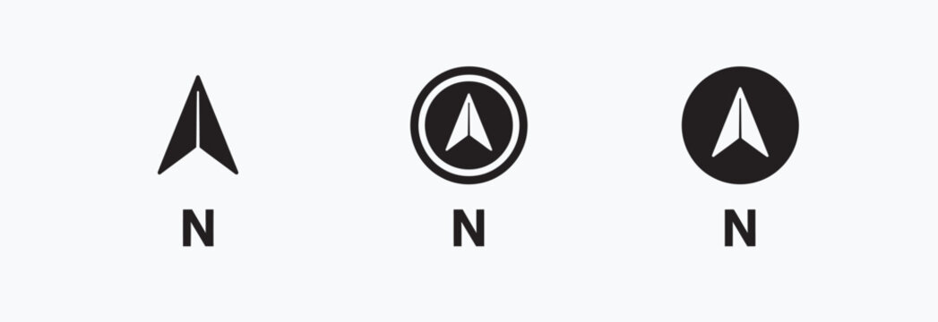 Set of minimalist north direction arrow icons for navigation maps and location tracking systems