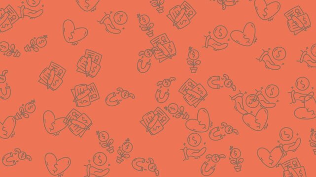 Seamless pattern background with hand drawn heart and money icons on orange.