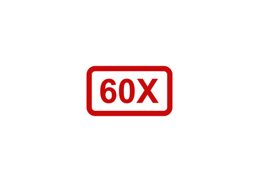 Red rectangular 60x zoom or magnification icon button symbol for digital camera and photography user interface design isolated on transparent background