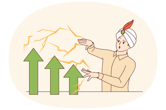 Man in wizard hat demonstrates business magic, increasing financial performance using fraudulent methods. Male sorcerer uses magic or tricks to improve economic performance of company