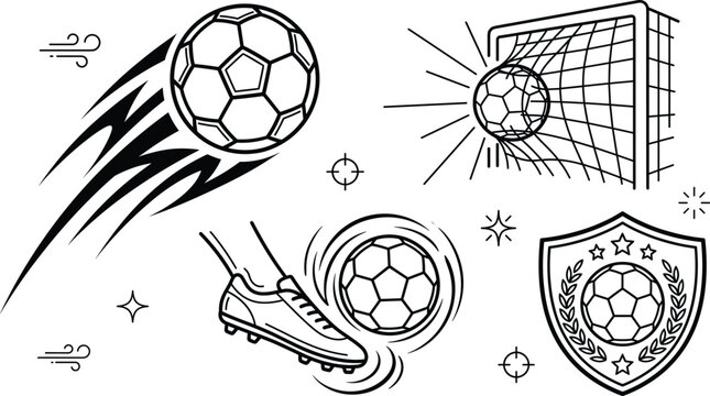 Soccer football sports line art vectors set with flying ball goal net kicking boot and championship shield elements
