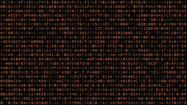 Abstract hexadecimal code background animation in retro amber color terminal style. Perfect for coding, technology, programming, hacking-related, or digital security themes