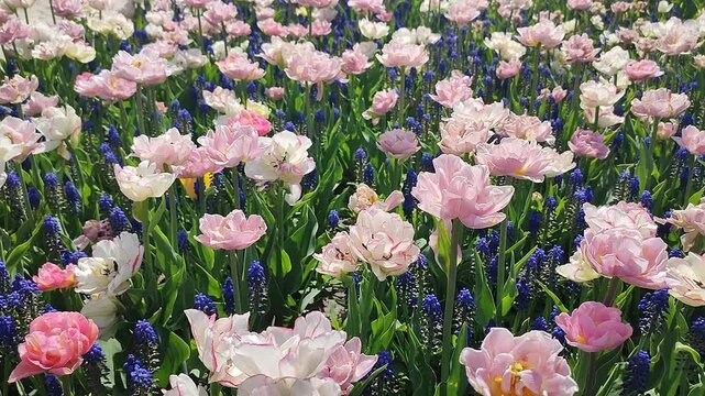 Tulips. Beautiful blooming tulips flower. Blooming tulip flower with pink white petals and blue muscari on sunny spring morning. Blooming of blossoming tulips flower growing ground. Natural background