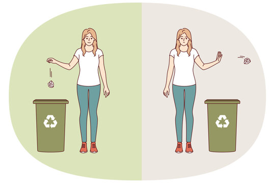 Woman throws trash into paper recycling bin, demonstrating correct way to dispose of waste. Comparison of two young girls showing willingness to separate waste collection for recycling.