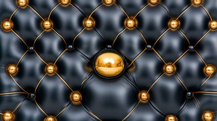Obraz premium Luxurious black tufted leather upholstery with shiny golden buttons.