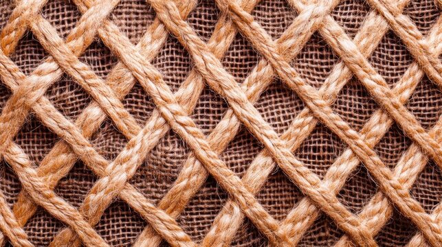 Detailed macro shot of a rustic woven lattice over coarse burlap fabric.