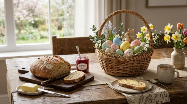 Rustic easter breakfast setting with basket and fresh bread