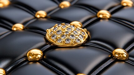 Obraz premium Luxurious black quilted leather with gold studs and a central diamond button.