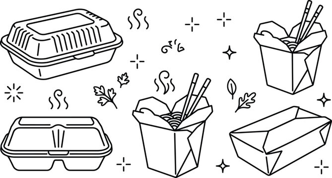 Takeaway food box line art vector set with chinese noodle boxes chopsticks paper containers and plastic lunchbox elements