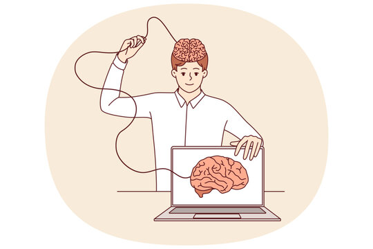 Man develops artificial intelligence and transfers own brain to internet, standing near laptop. Process of learning ai technologies to create innovative software with artificial intelligence