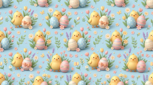 Seamless pattern with cute easter chicks and decorative eggs