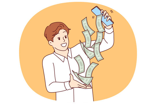 Business man earns money through mobile phone, and receives cash bills pouring out of smartphone screen. Guy makes money from e-commerce and completing simple tasks in internet application