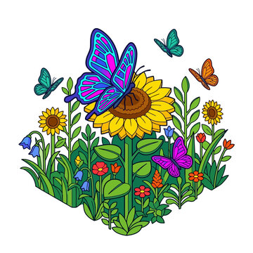 Vibrant garden scene with colorful butterflies fluttering around a large sunflower and blooming wildflowers