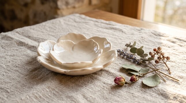 Ceramic flower trinket dish on linen. Decorative pottery bowl for jewelry and small items.