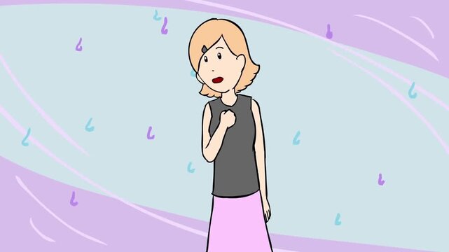 2D animation of a worried blonde woman clutching her chest in pain heart attack or panic attack medical concept