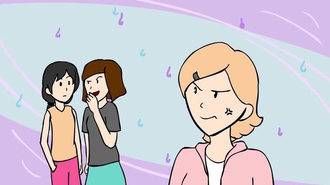 2D animation of two women whispering and gossiping behind another woman's back social bullying and rumor concept