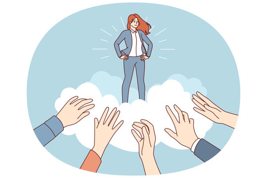 Business woman idol for fans stands among clouds and hands of people who want to receive advice from guru. Successful businesswoman is treated like idol due to professionalism and unique skills