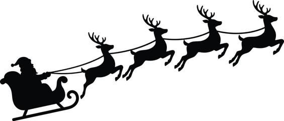 santa claus flying in a sleigh pulled by reindeer silhouette vector clipart graphic element isolated on transparent background © VactorZone