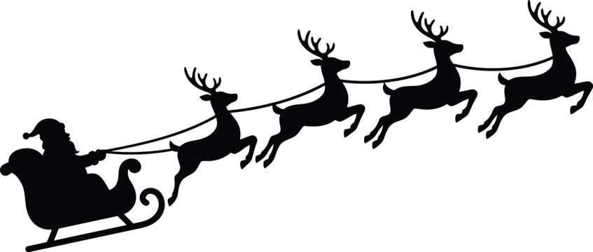 santa claus flying in a sleigh pulled by reindeer silhouette vector clipart graphic element isolated on transparent background
