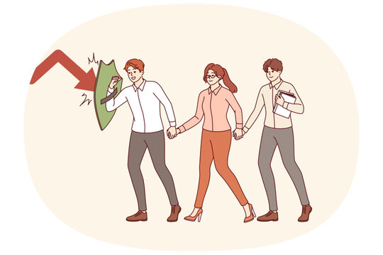Business guide guides colleagues, saving them from danger and fending off crises with shield. Man business guide and mentor saves mentees from problems and economic recession that can destroy careers