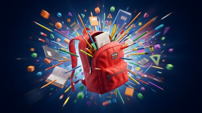 A vibrant red backpack exploding with school supplies and stationery items