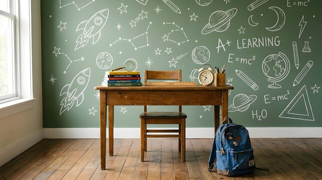 Wooden school desk with books and backpack in a classroom with spacethemed wall art