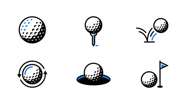 Golf ball gameplay icons set illustrating movement and trajectory in modern bold vector style for professional sports branding
