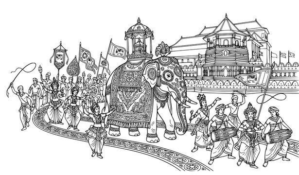 Sri Lankan Kandy Esala Perahera Traditional Line Art Vector Illustration Isolated on White Background