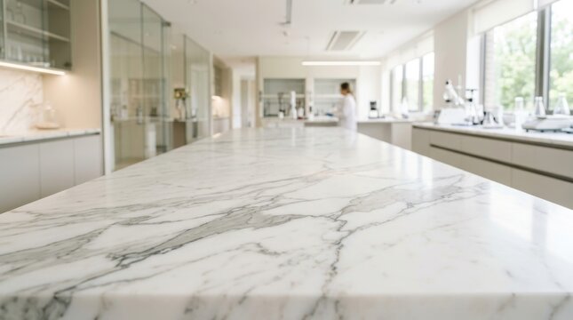 Elegant marble countertop surface in a modern research laboratory with blurred scientist working in the background, providing a professional space for product placement and scientific display assets.