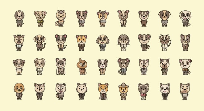 Set of 40 unique cartoon animal faces with various expressions and features.