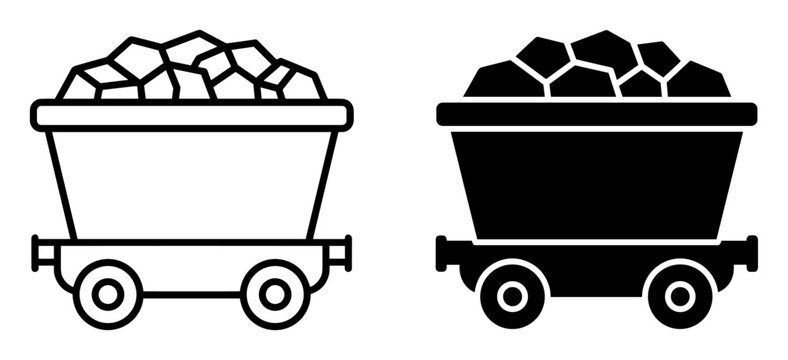 Mining cart icons filled with rocks in outline and solid styles on transparent background
