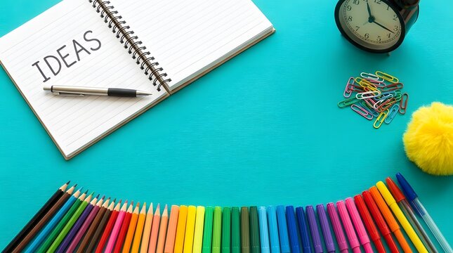 Creative workspace with notebook labeled ideas, colorful pens, pencils, paper clips, and a clock on a bright turquoise wooden background