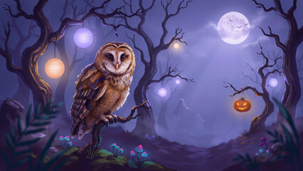 Whimsical Halloween Owl in Purple Forest with Moon, Lanterns and Pumpkins
