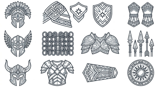 Collection of medieval armor and weapon illustrations.