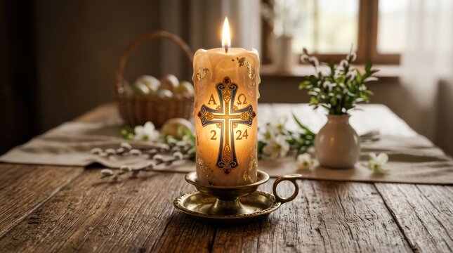 Decorative lit easter candle on rustic wooden table