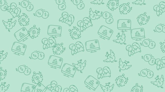 Seamless pattern background with hand drawn financial and business icons on a light green background.