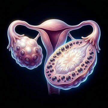 a human ovary affected by Polycystic Ovary Syndrome (PCOS), showcasing multiple small cysts along the periphery. The internal structure should be clear, with the central stroma visibly enlarged and