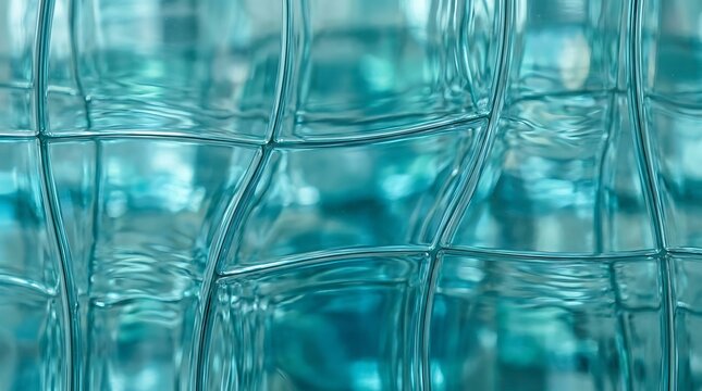 Teal glass block wall with reflective surface