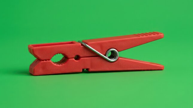Single red plastic clothespin on solid green background
