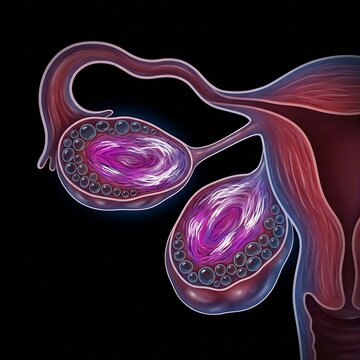 a human ovary affected by Polycystic Ovary Syndrome (PCOS), showcasing multiple small cysts along the periphery. The internal structure should be clear, with the central stroma visibly enlarged and