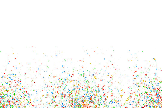 Multi colored confetti falling from bottom edge on white background for party banner design