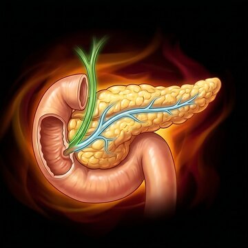 a healthy human pancreas and duodenum, highlighting the bile duct and pancreatic duct connections