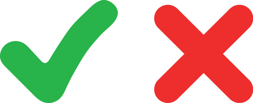 Green check mark and red cross sign icon set for survey results and correct or wrong choice Vector