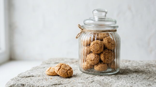 Traditional almond flavored amaretti cookies sit inside a vintage glass jar resting on a rough stone slab against a soft bright background, providing a rustic and elegant look for food photography....